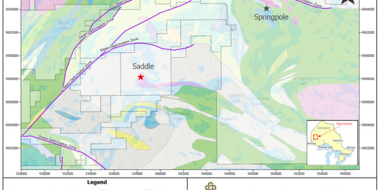 Saddle Target Location, 12 km SW of the Springpole Gold Project (Credit: First Gold Mining Corp.)