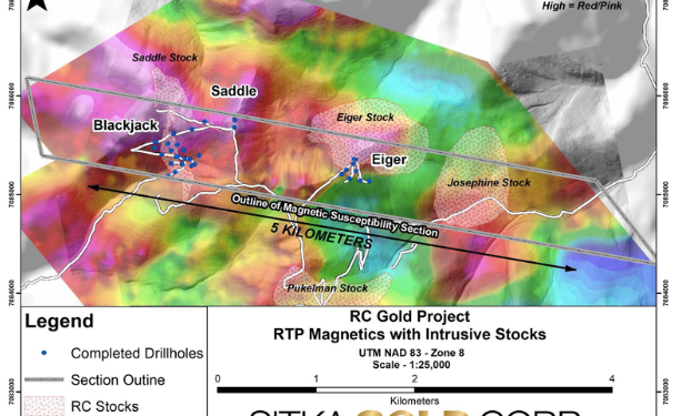 Magnetic Susceptibility and Intrusive Stocks (Credit: Sitka Gold Corp)
