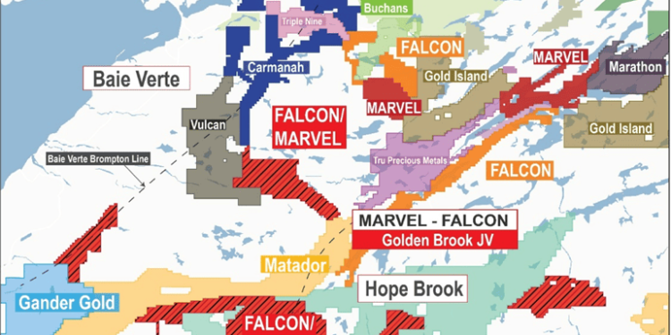 Location of Marvel’s, and Falcon’s Hope Brook gold joint venture property contiguous to Benton-Sokoman’s joint venture. (Credit: Marvel Discovery Corp.)