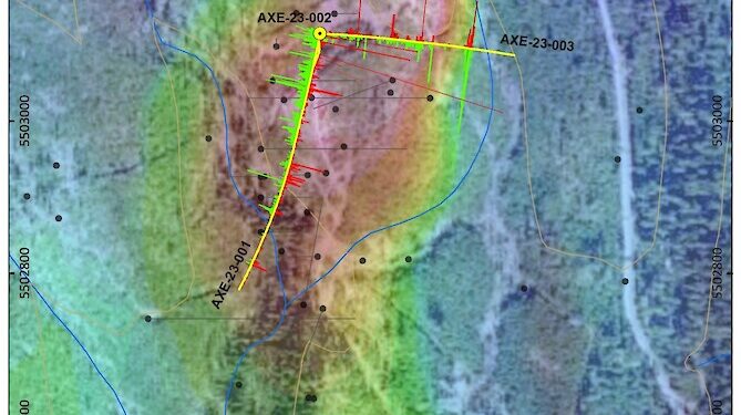 West Zone plan map showing 2023 Kodiak drilling to date with assays (yellow traces).  Bar graphs showing downhole copper (green) and gold (red) values. Background is Heli TMI magnetic data (Xstrata, 2012).   (Credit: Kodiak Copper)