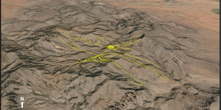 Oblique view of 3 x 4 km Vein Swarm at Columba, looking north, image Google Earth (Credit: Kootenay Silver)