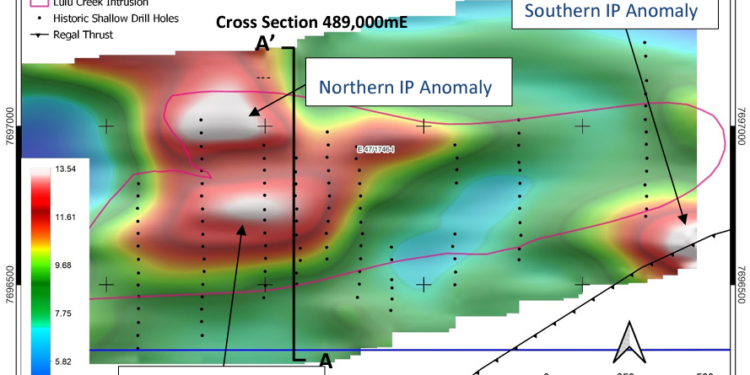IP chargeability plan view -75 m below surface against Lulu Creek Intrusion outcrop outline in pink. (Credit: Artemis Resources Limited)