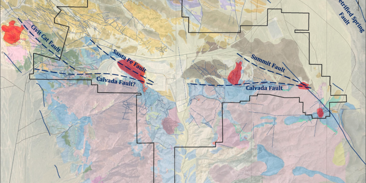 Santa Fe geologic map compiled, with named faults and pit outlines.(Credit: Lahontan Gold)