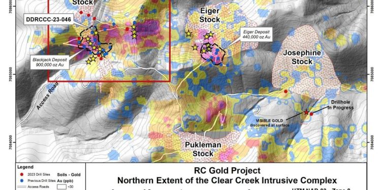 Plan map of the Northern Extent of the Clear Creek Intrusive Complex. Yellow stars indicate where outcrop rock samples or drill hole intervals have returned >10g/t gold. (Credit: Sitka Gold Corp.)