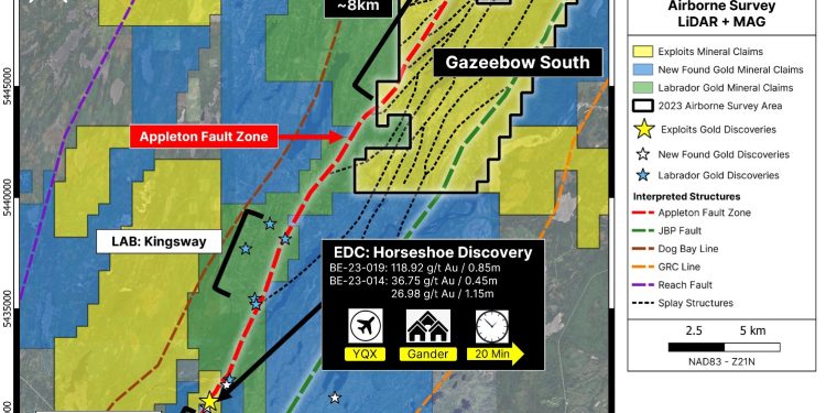 Location map showing location of Gazeebow South exploration claims relative to the recent Horseshoe gold discovery situated on the Bullseye property. (Credit: Exploits Discovery)