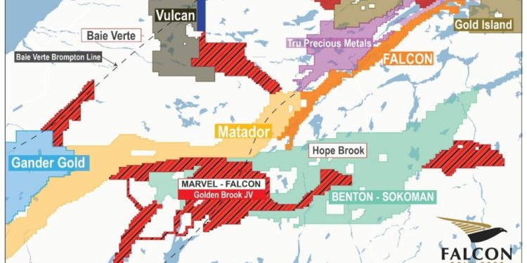 Location of Falcon’s, and Marvel’s Golden Brook joint venture property contiguous to Benton-Sokoman’s joint venture. (Credit: Falcon Gold Corp.)