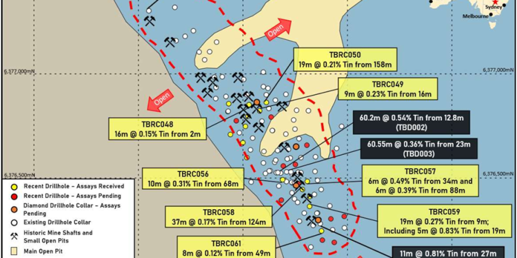 Tallebung Tin Project – Plan showing drilling with the extent of the current Exploration Target along with locations of recently completed holes and planned holes in the resource expansion and infill drilling program, overlaid on the geological map (new assays are in yellow). (Credit: Sky Metals)