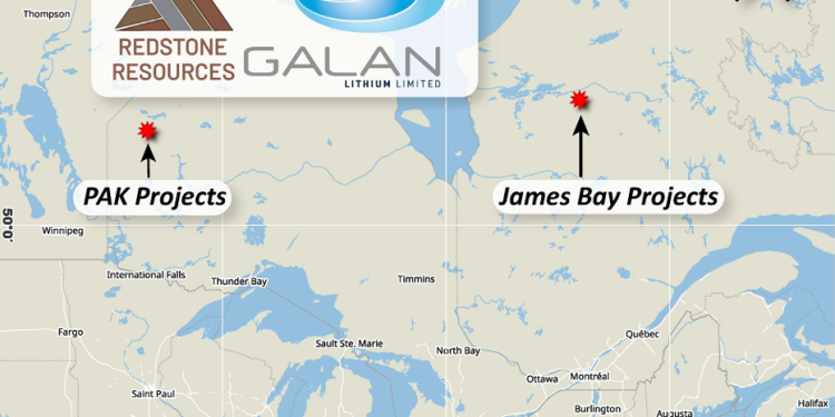 Location of the joint JV Projects between Redstone Resources and Galan Lithium Limited. The PAK projects are located in Northwest Ontario, while the Taiga-Hellcat-Camaro projects are located in  James Bay, Quebec, Canada (Credit: Galan Lithium Limited)