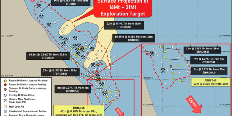 Tallebung Tin Project – Plan showing extent of the current Exploration Target along with locations of recently completed holes in the resource expansion and infill drilling program, overlaid on the geological map. Insert shows the extension discovered to the south in TBRC065. New assays are in yellow. (Credit: SKY Metals)