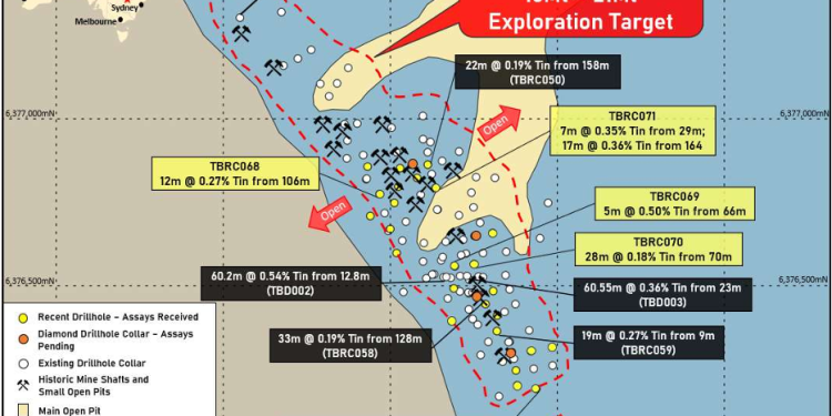 Tallebung Tin Project – Plan showing extent of the current Exploration Target along with locations of recently completed holes in the resource expansion and infill drilling program, overlaid on the geological map. New assays are in yellow. (Credit: Sky Metals)