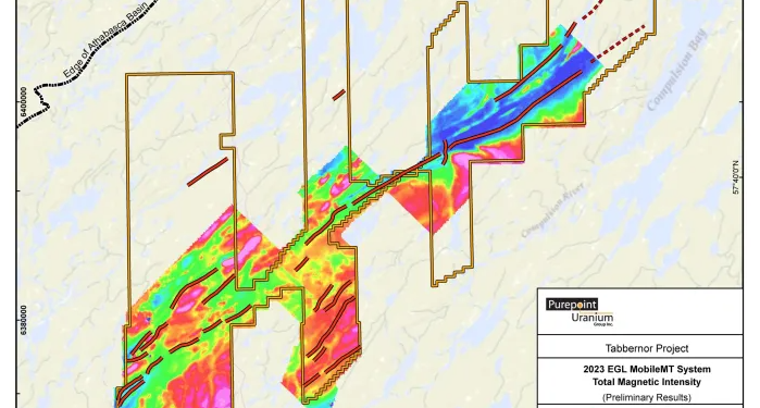 2023 EGL MobileMT System – Total Magnetic Intensity Preliminary Results (Credit: Purepoint Uranium Group Inc.)
