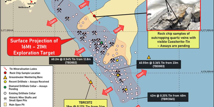 Plan for Tallebung Tin Project showing extent of the current Exploration Target along with the identified extensions to the mineralization with the tin intercepted by the groundwater monitoring bore and the location of the outcropping tin veins, overlaid on the geological map. New results are in yellow. (Credit: Sky Metals)