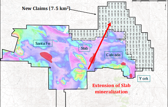 Newly staked unpatented lode mining claims at Lahontan Gold's Santa Fe Mine project, Mineral County, Nevada. The 98 new claims total 7.5 km² and cover potential extensions to gold and silver resources in the Slab-Calvada area as well as flat terrain suitable for future mine infrastructure. (Credit: Lahontan Gold)